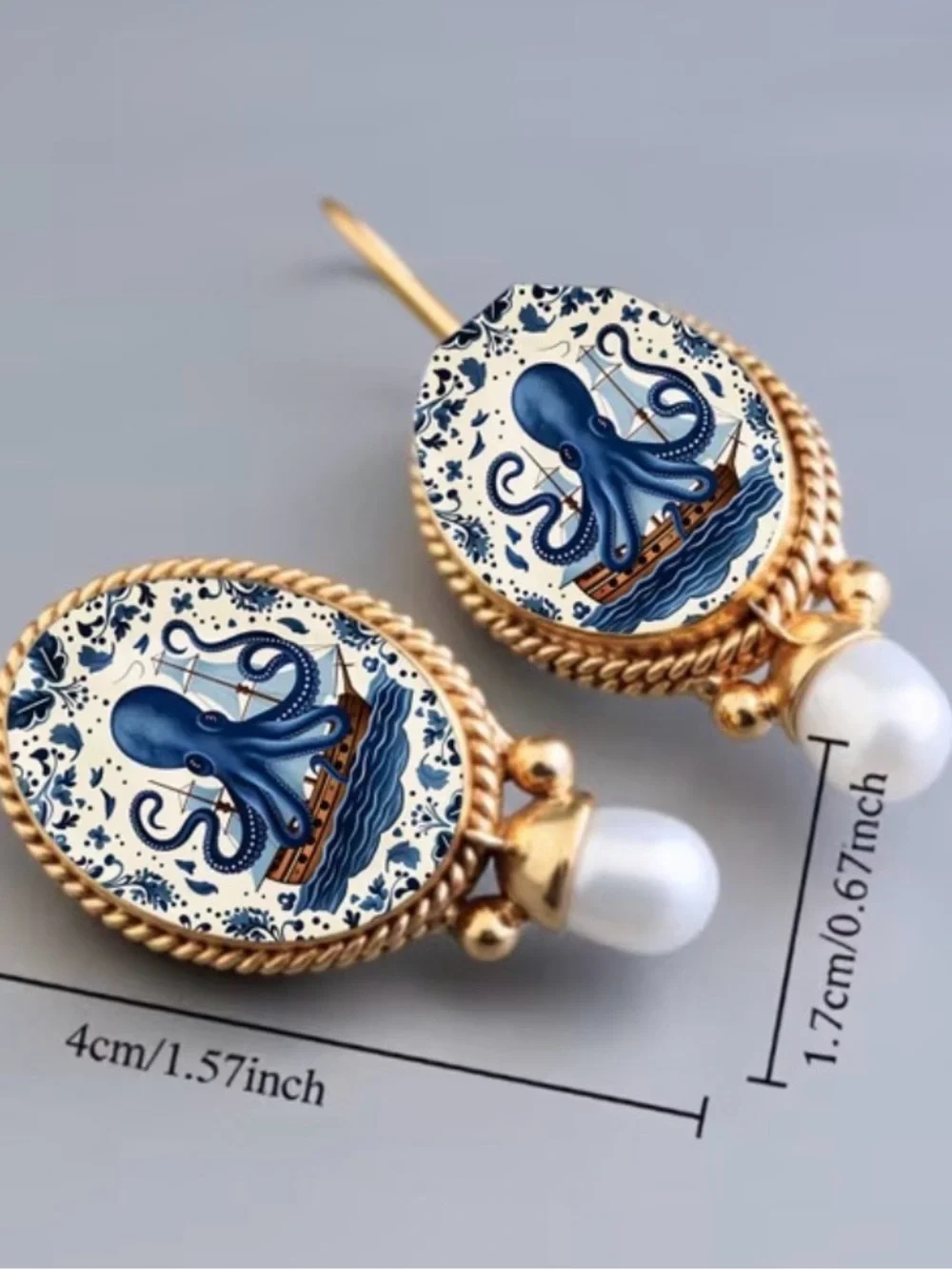 Blue Octopus Cameo Pearl Drop Earrings - Gold Tone